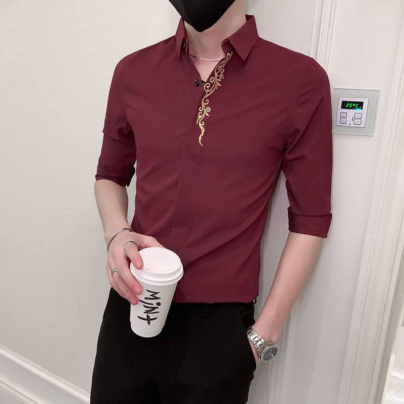 红新款青年纯色绣花七分袖衬衫男休闲修身衬衣 301A-1/CS330/P55图片