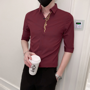 红新款青年纯色绣花七分袖衬衫男休闲修身衬衣 301A-1/CS330/P55图片