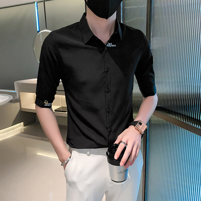 痞帅夏季男经典刺绣中袖衬衫男五分袖寸衣301A-1/CS361/P55,男装衬衫,星座301A-1