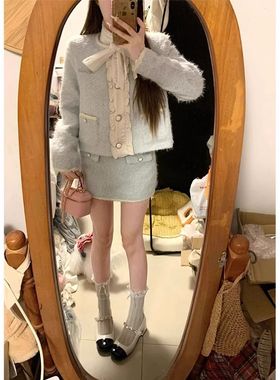 富家千金小香风套装女装蓝色开衫外套秋冬季包臀半身裙气质两件套