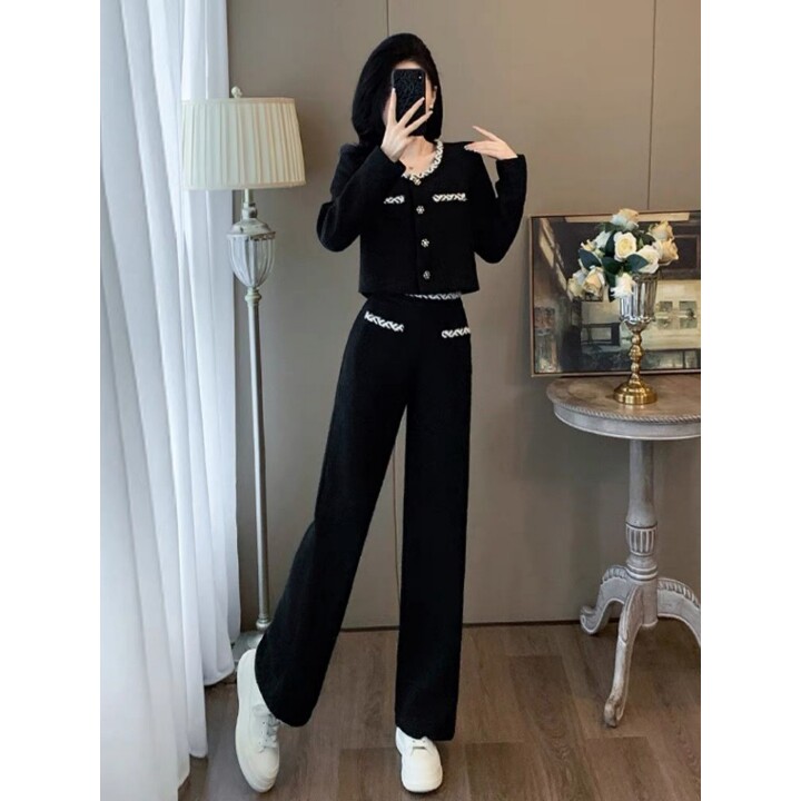 小香风黑色休闲运动套装女秋季小个子穿搭高级感名媛阔腿裤两件套