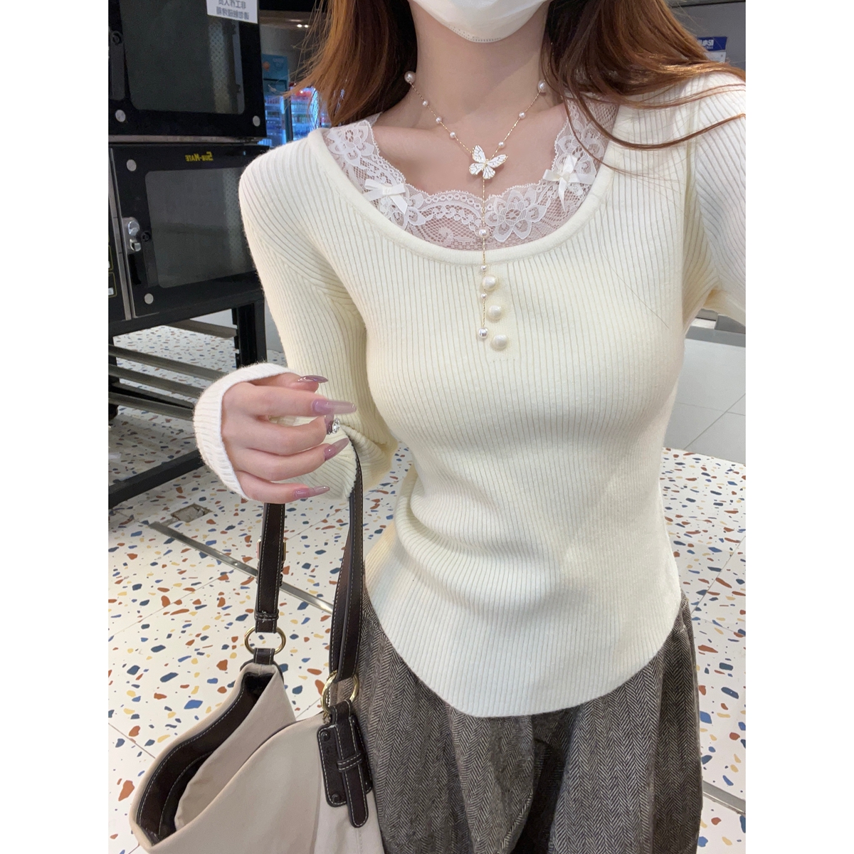 秋冬韩版纯欲蕾丝花边圆领安迪绒针织衫修身打底毛衣女