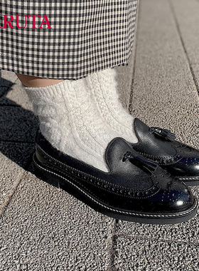 haruta372日系牛皮布洛克流苏粗跟一脚蹬小皮鞋乐福鞋女