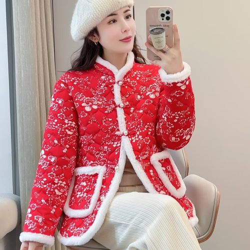大码女装新年唐装碎花加绒小棉衣中国风百搭盘扣喜庆小棉袄200斤
