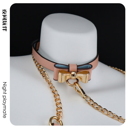 夜间玩伴 蝴蝶结项圈女皮质choker复古颈环puppy小狗链k8k9牵引绳