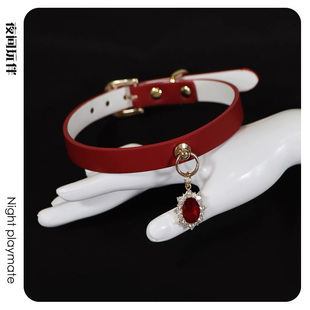 宝石项圈女m定制刻字皮质choker复古颈环puppy小狗链k8k9牵引绳