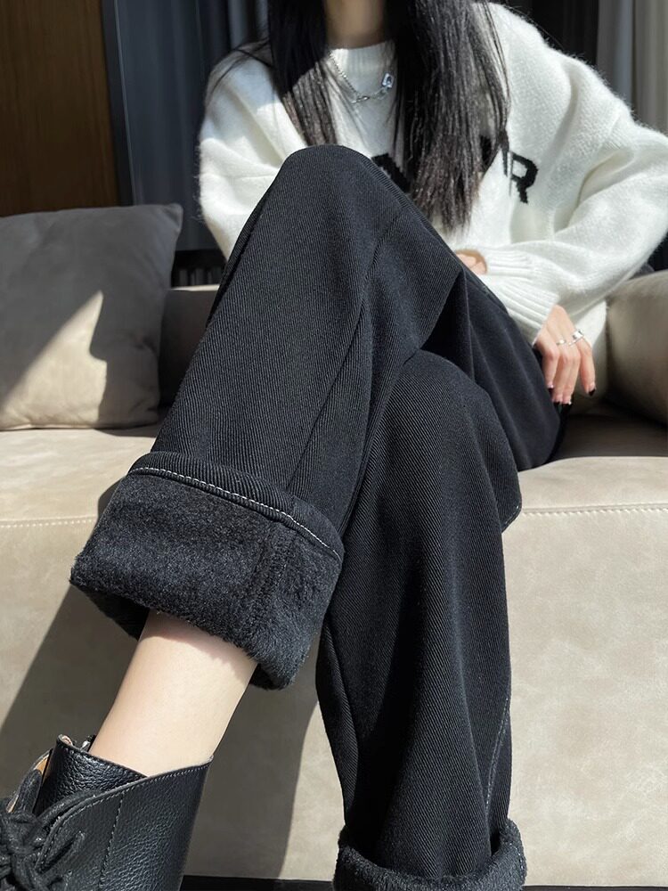 黑色牛仔裤2025新款女秋冬加绒小个子显瘦宽松直筒时尚老爹哈伦裤