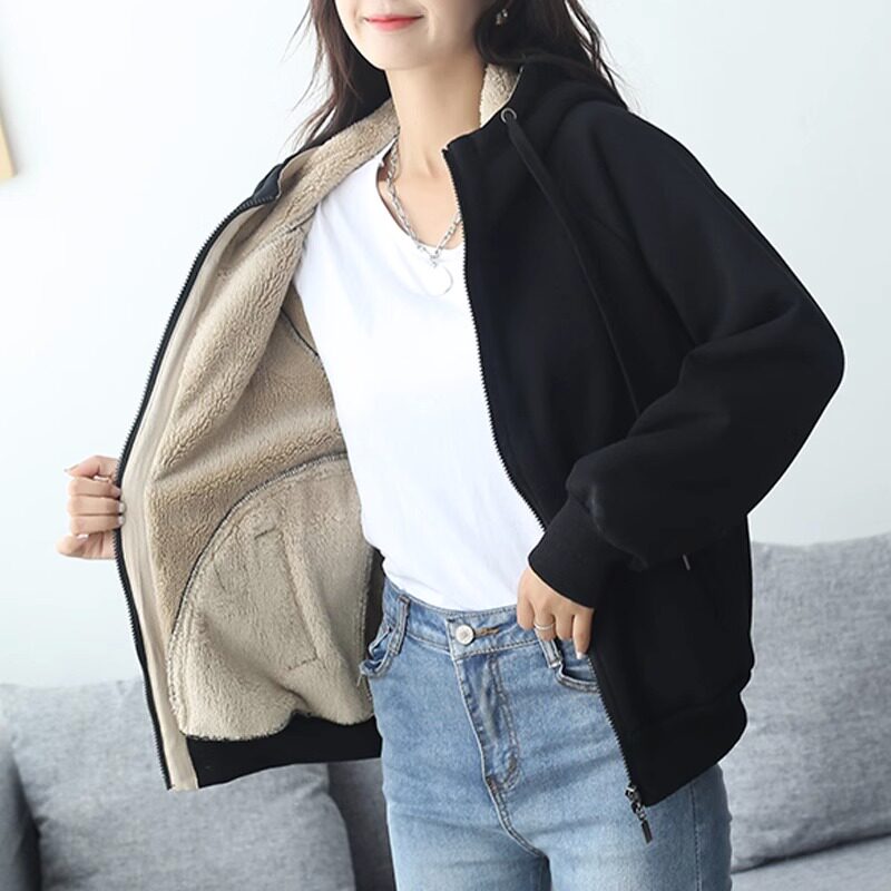 外套女秋冬加绒加厚小个子2025新款连帽开衫卫衣时尚彷羊羔毛外套