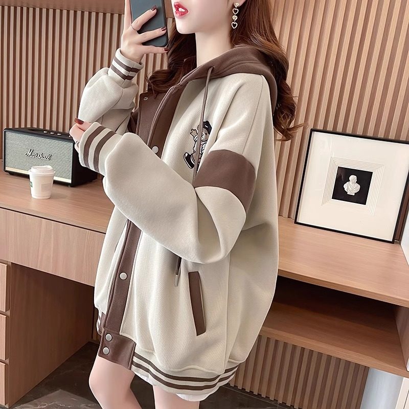学院风棒球服外套女2025秋冬款加绒刺绣小熊连帽宽松韩版百搭卫衣