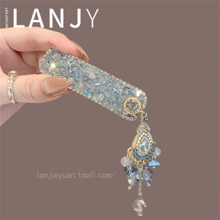 高级感重工蓝色满钻水晶侧边夹时尚复古民族风流苏发夹bb夹发饰女