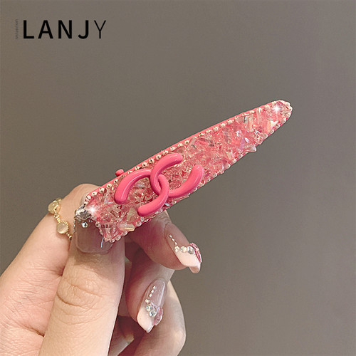 韩国轻奢冰透水晶粉色鸭嘴夹