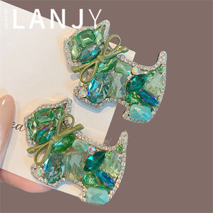 韩国新款绿色水晶小狗发夹蝴蝶结边夹额前碎发整理刘海夹鸭嘴夹女