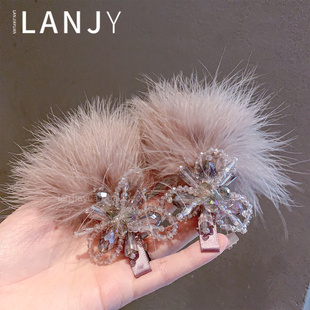 超仙羽毛水晶花朵发夹时尚轻奢水钻侧边夹刘海夹鸭嘴夹发饰发卡女