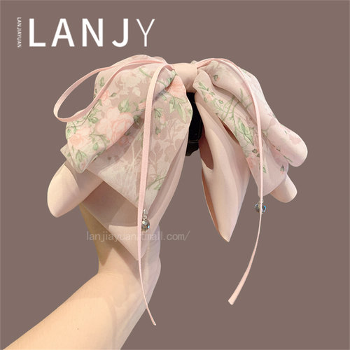 法式温柔印花蝴蝶结飘带马尾夹