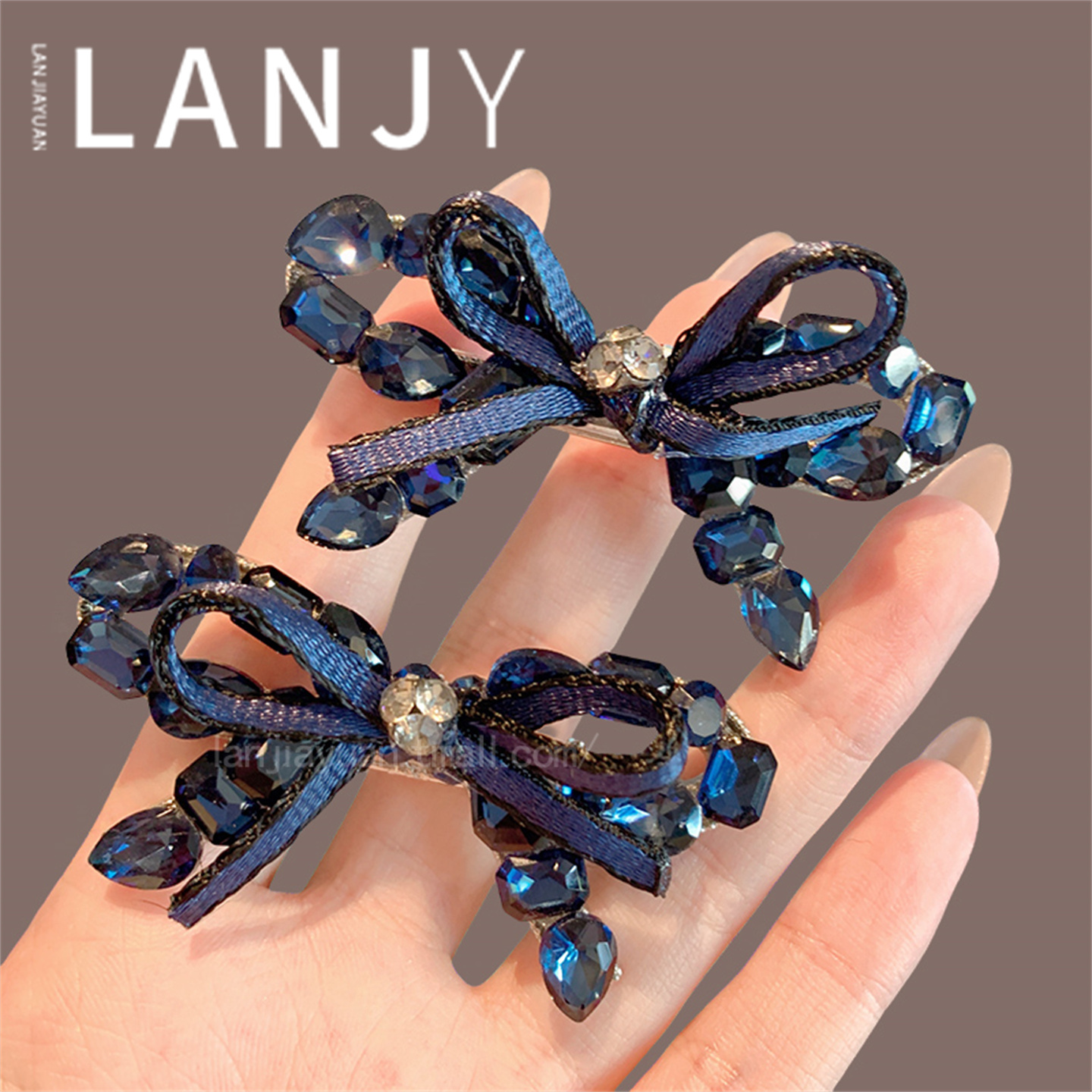 东大门重工蓝色水晶蝴蝶结发夹精致超闪水钻侧边夹碎发整理刘海夹