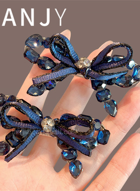 东大门重工蓝色水晶蝴蝶结发夹精致超闪水钻侧边夹碎发整理刘海夹