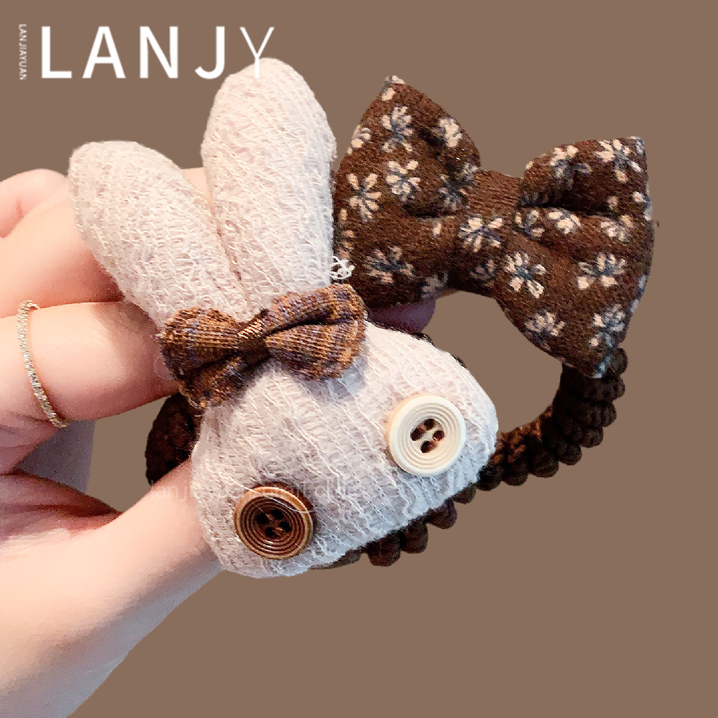 秋冬咖色印花蝴蝶结头绳甜美卡通兔子发圈高弹力不伤发扎发发圈女