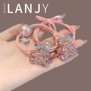 粉色甜美水晶小熊头绳2025年新款双股高弹力儿童扎发发圈发绳发饰