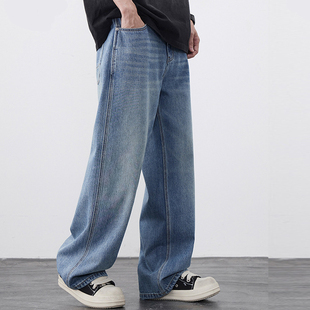 春夏垂感阔腿大裤脚男直筒牛仔裤加大码宽松休闲裤长裤男粗腿大脚