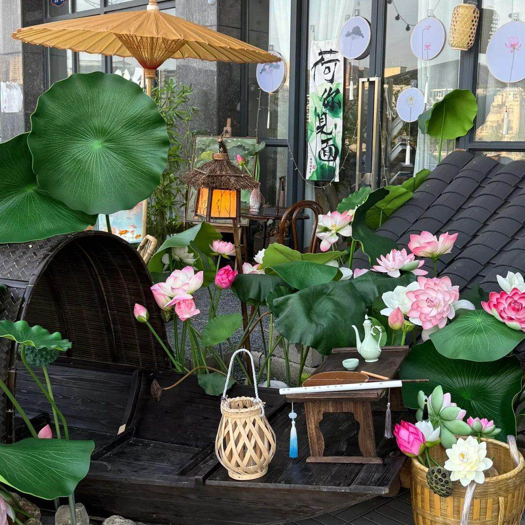 夏日甜品店室外荷花仿真花打卡拍照美陈布置仿真荷花莲蓬荷叶道具