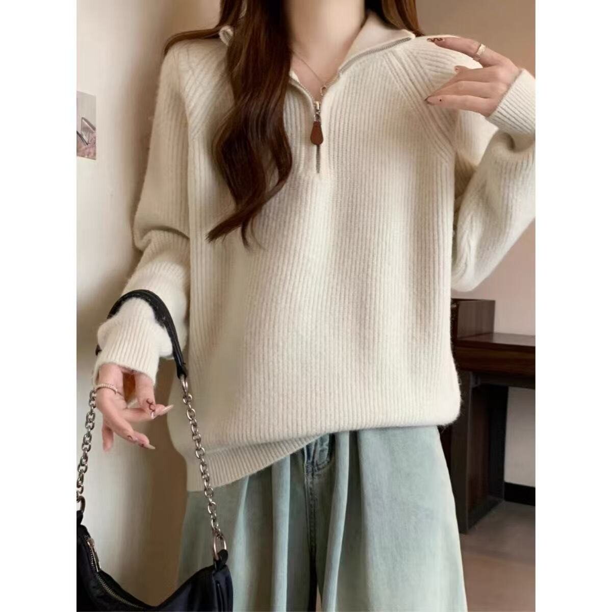 品质翻领半拉链毛衣女秋