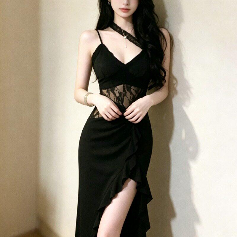 纯欲风性感斜肩吊带连衣