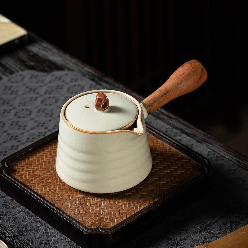 古源米黄汝窑侧把壶小茶壶