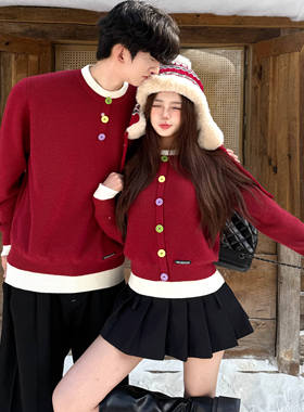 本命年红色情侣装毛衣秋冬网红复古宽松慵懒风日系假两件针织上衣
