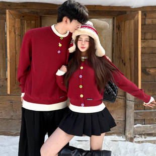本命年红色情侣装 毛衣秋冬网红复古宽松慵懒风日系假两件针织上衣