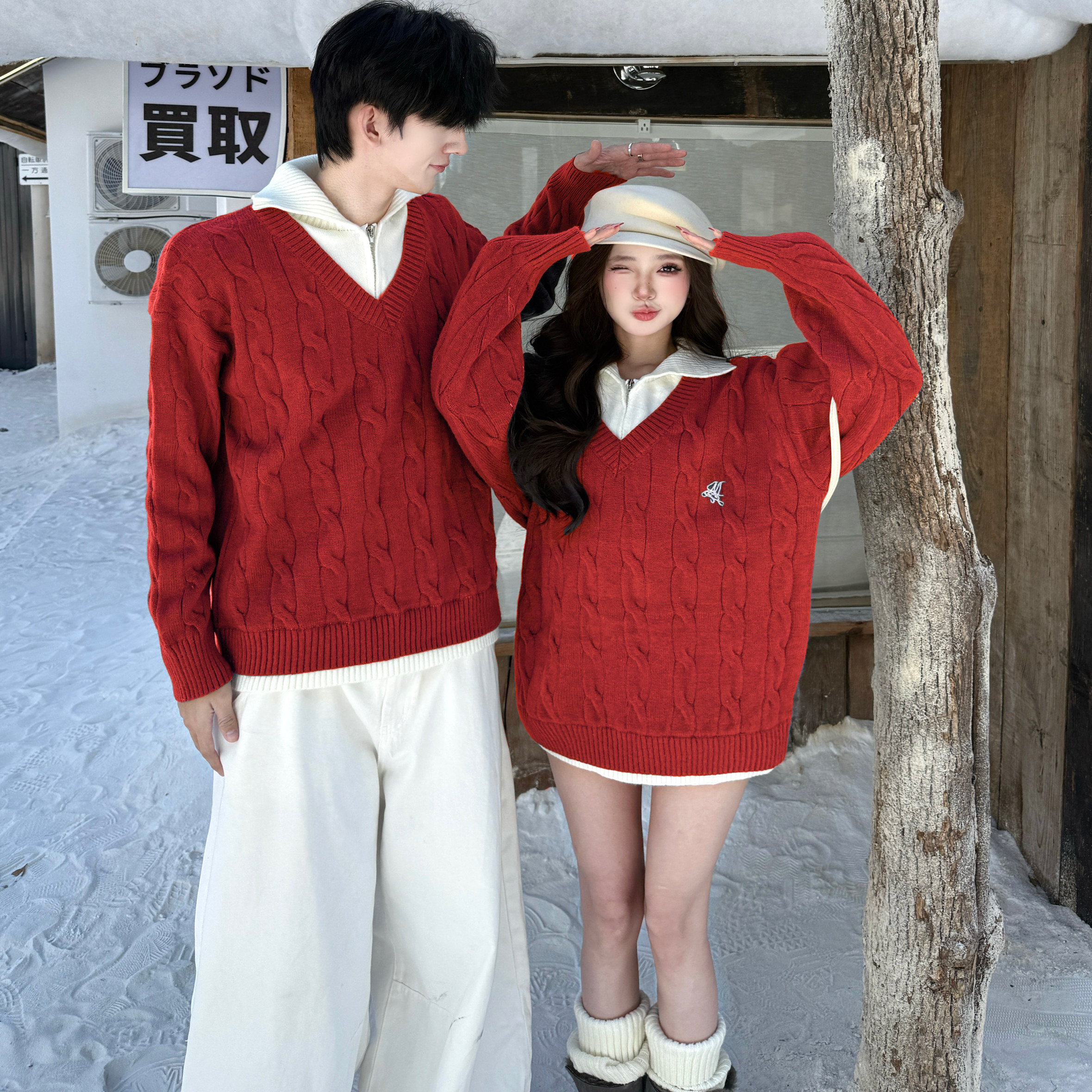 情侣装红色毛衣男女翻领假两件
