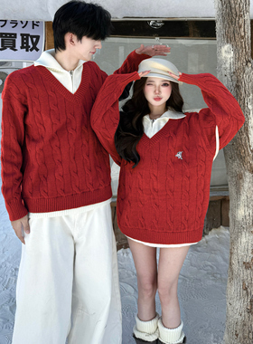 情侣装新年红色毛衣男女翻领假两件学院风秋冬宽松本命年穿搭上衣