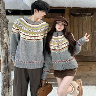 外套冬季 慵懒复古加厚针织衫 女秋冬季 灰色费尔岛高领拉链毛衣开衫