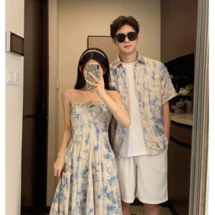 男女款 夏季 吊带连衣裙 气质碎花衬衫 一衣一裙法式 海边度假情侣款 装