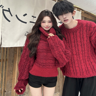 情侣装 复古辣妹一字肩毛衣设计感两穿针织上衣氛围感潮流 秋冬美式