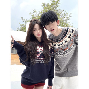 2025新款 超火复古港风小众慵懒民族风费尔岛毛衣秋冬情侣针织衫