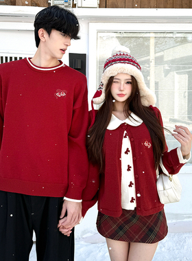 红色跨年情侣装秋冬ins超火毛衣男女韩版宽松法式针织衫外套潮牌