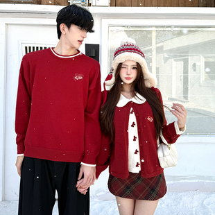 针织衫 宽松法式 外套潮牌 秋冬ins超火毛衣男女韩版 红色跨年情侣装