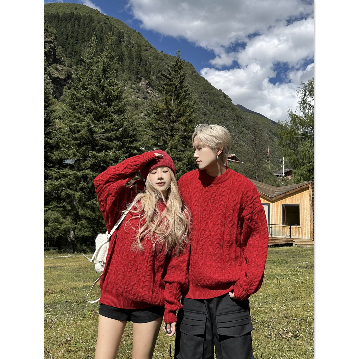 情侣装韩版宽松慵懒风红色毛衣