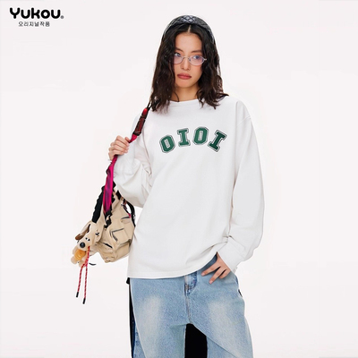 韩国潮牌oioi长袖女纯棉印花圆领T恤宽松男女百搭情侣款上衣