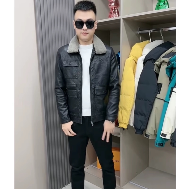 时尚秋冬款男士休闲皮衣夹克简约流行加绒上衣拆卸毛领柔软外套男
