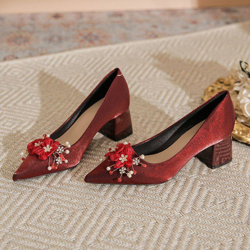 主纱婚鞋禾秀婚纱两穿红色新娘鞋女2026订婚高跟鞋粗跟不累脚婚礼