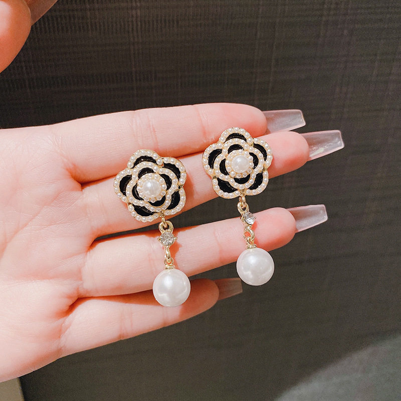 S925银针甜美珍珠山茶花耳饰玫瑰日韩复古珠光花朵水滴珍珠耳环潮