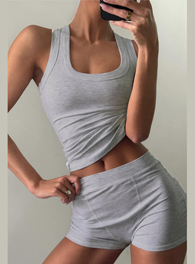 休闲运动风灰色U领工字型背心低腰短裤两件套夏季新款家居套装潮