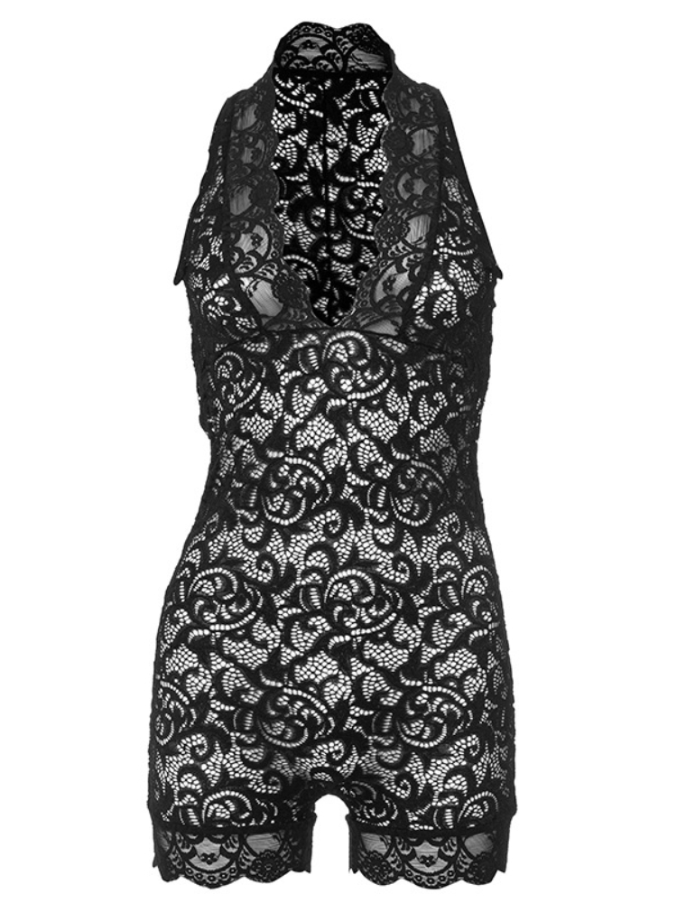 Tuta senza maniche in rete trasparente con scollo a V, sexy e hot girl, in pizzo nero, vestibilità attillata, pantaloni con base sottile_voghion.com