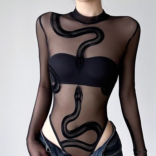 透视网纱植绒蛇纹印花纯欲连体衣