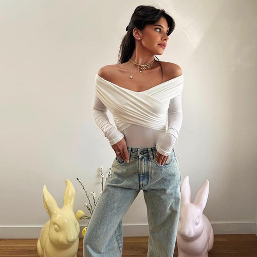 cnyishe经典一字肩长袖连体上衣