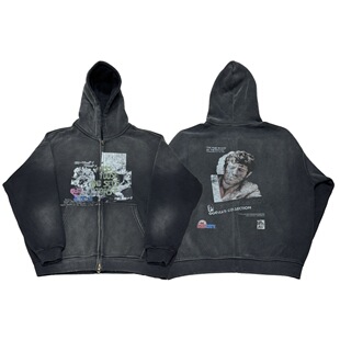 Heavenknows New Vintage黑色褪色加绒拉链印花帽衫
