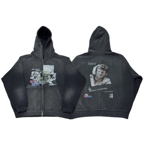 Heavenknows New Vintage黑色褪色加绒拉链印花帽衫