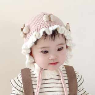 婴儿帽子秋冬款 洋气婴幼儿女宝宝公主针织帽小月龄女童毛线帽 韩版