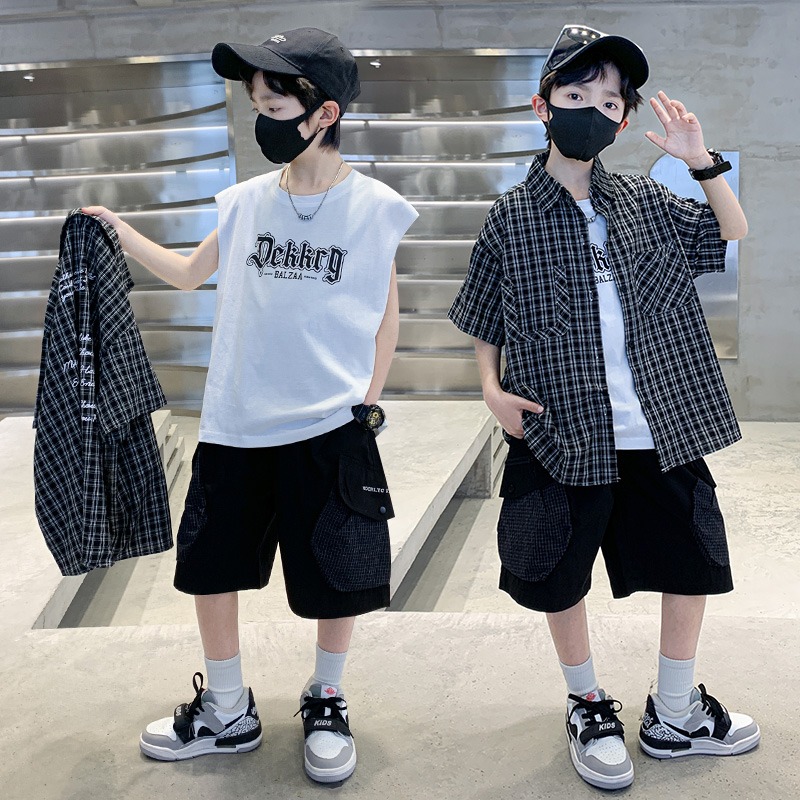 男童夏装套装2025新款儿童男孩中大童夏季休闲衬衣短袖衬衫三件套